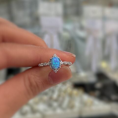 925 Ayar Gümüş Oval mavi Opal Taşlı Vintage Yüzük