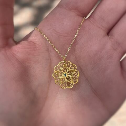 Gümüş mavi taşlı telkari model kolye