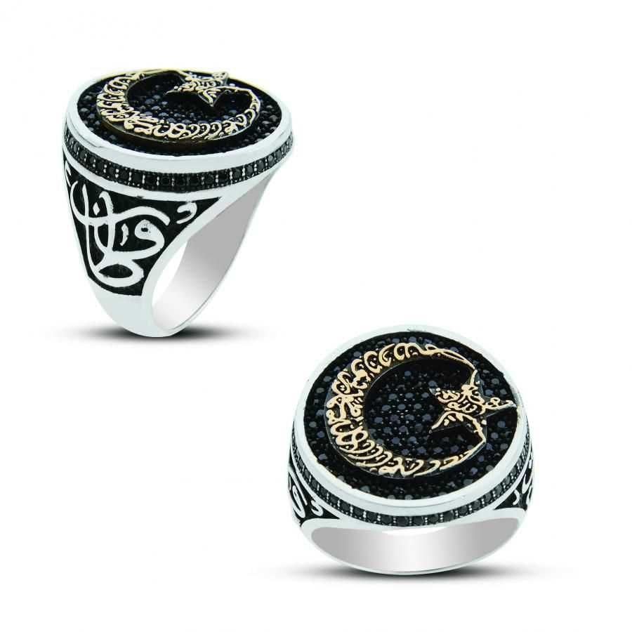 Onix taşlı ay yıldız gümüş erkek yüzüğü or250