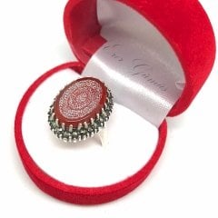 Gümüş akik taş üzerine yemen zırhı (Hilye-i Şerif) yazılı bayan yüzük 523e