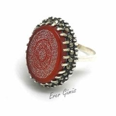Gümüş akik taş üzerine yemen zırhı (Hilye-i Şerif) yazılı bayan yüzük 523e