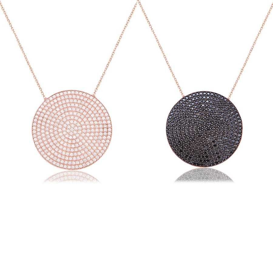 Gümüş büyük boy taşlı kolye hr0568s Siyah Taşlı - Sarı altın (Gold)