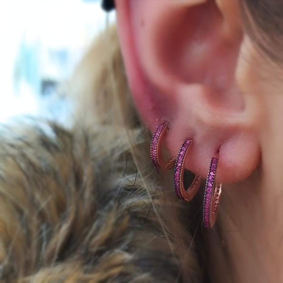 Gümüş pembe taşlı ince küpe nz14t635 iç çapı 12mm - Gümüş Rengi  (rodaj)
