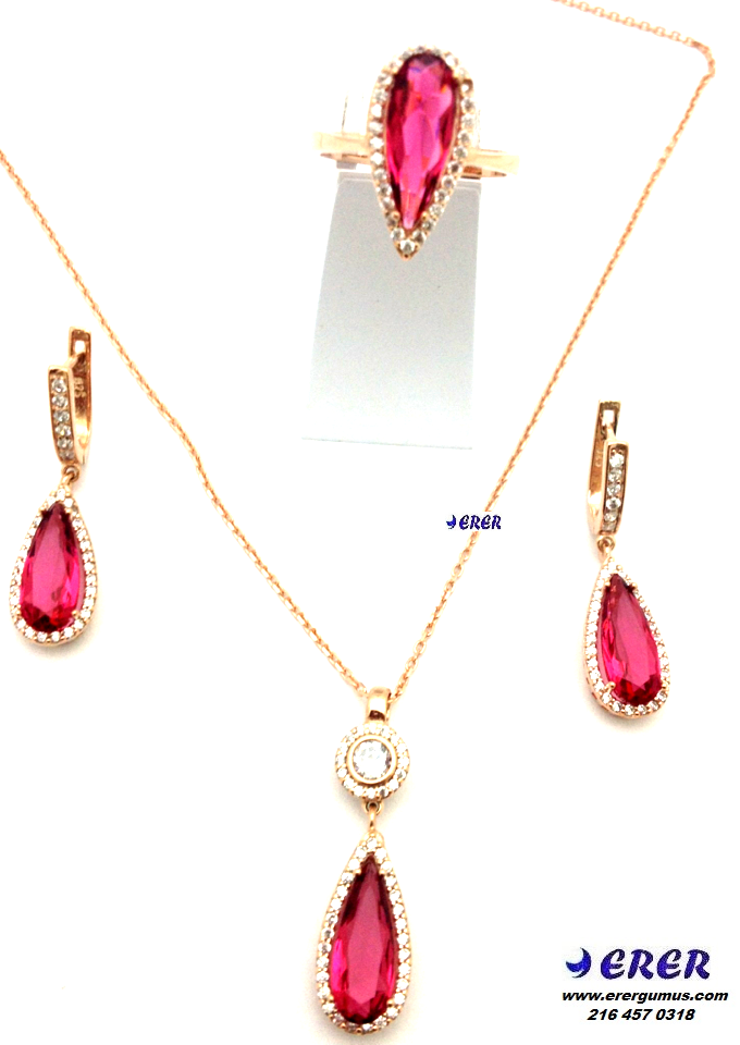 Pembe taşlı gümüş damla takım