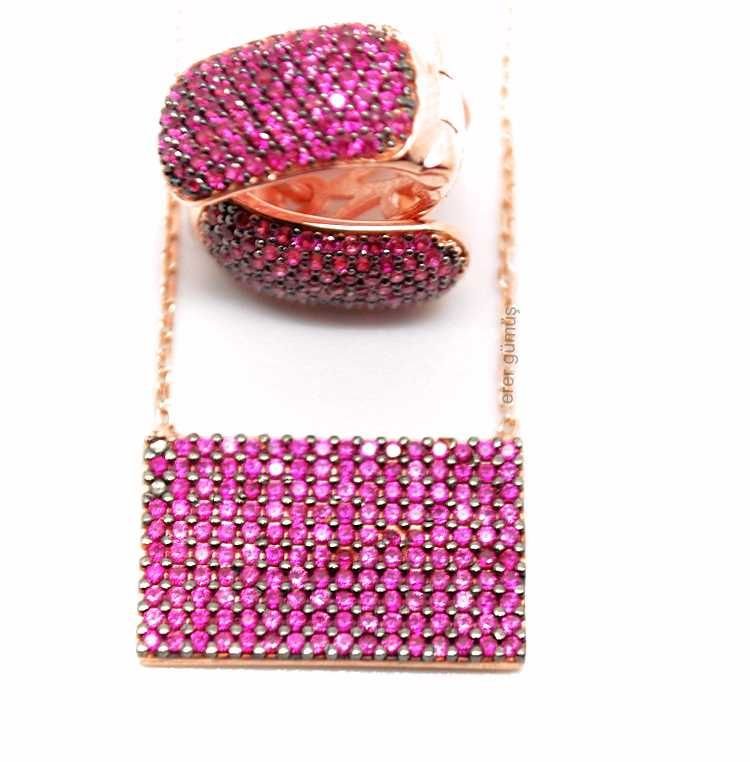 Pembe Nano taşlı küpe kolye takım RZ351