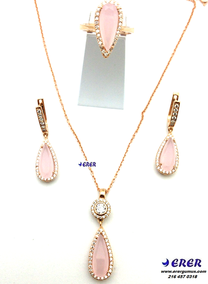 Pembe quartz taşlı gümüş damla takım