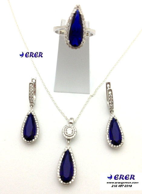 Lacivert taşlı gümüş damla takım